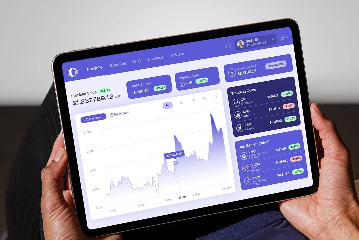 Person using a crypto app on a smartphone